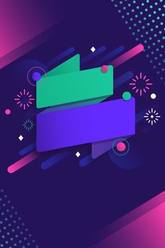 an abstract purple and green background with geometric shapes on the bottom right corner, along with a banner that reads