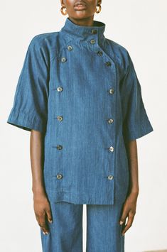 FATIMA JACKET | indigo | organic + earth dyed – Maria Stanley Santa Fe Dry Goods, Patchwork Coat, Seam Binding, Mediterranean Blue, Slow Fashion Movement, Selvedge Denim, Naturally Dyed, Funnel Neck, Funnel