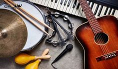 an assortment of musical instruments on a table