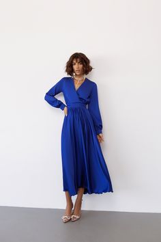 Fabric: Silk Viscose 35%, Polyester 35%, Cotton 20% Nylon 10% V-neck Long Sleeve Wrap dress Midi lengh Wrap Dress Midi, Long Sleeve Wrap Dress, Puff Sleeve Dresses, Crop Top Shirts, Dress Midi, Long Sleeve Maxi, Fabric Silk, Blue Silk, Sleeveless Jumpsuits