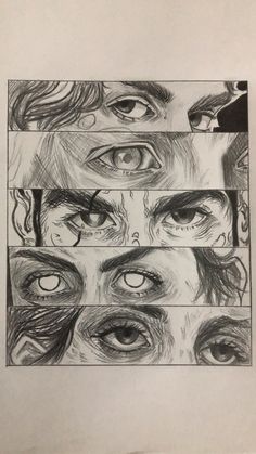 four different pictures of the same person's eyes, with one being drawn in pencil