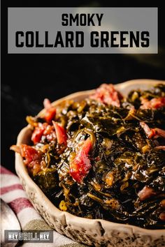 a bowl filled with cooked collard greens on top of a striped table cloth and text overlay that reads smoky collard greens