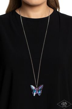 Featuring a UV effect, dramatically faceted purple and blue gems adorn the wings of a silver butterfly, creating an ethereal pendant at the bottom of a lengthened silver chain. Features an adjustable clasp closure. Due to its prismatic palette, color may vary. Sold as one individual necklace. Includes one pair of matching earrings. Butterfly Effect, Purple Necklace, Palette Color, Social Butterfly, Paparazzi Accessories, Silver Butterfly, Blue Gems, The Wings, Paparazzi Jewelry