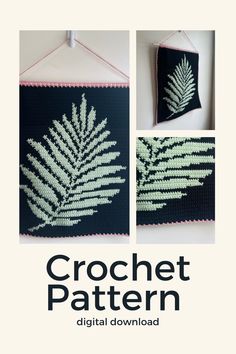 the crochet pattern is shown with two pictures of leaves on it, and one has