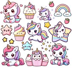 an assortment of cartoon unicorns and cupcakes