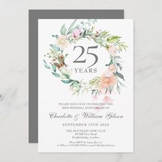 the 25th wedding anniversary card is shown with flowers and leaves on it, along with an envelope