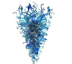 a blue glass sculpture hanging from the ceiling