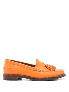 carrot orange leather branded leather insole tassel detail almond toe slip-on style flat sole Elegant Orange Loafers With Leather Sole, Orange Slip-on Loafers For Formal Occasions, Classic Orange Loafers With Leather Sole, Classic Orange Leather Loafers, Orange Loafers With Round Toe For Spring, Orange Round Toe Loafers For Spring, Spring Orange Loafers With Round Toe, Spring Orange Round Toe Loafers, Classic Flat Tassel Loafers With Brogue Detailing