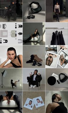 a collage of photos with different women in black clothing and accessories, including clothes