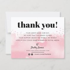 a pink and white thank card with the words, thank you