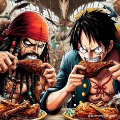 two anime characters eating some food at a table