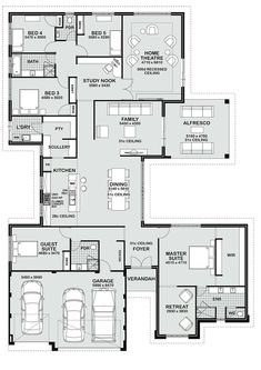 the floor plan for a three bedroom house with two car garages and an attached living area