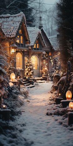 a snowy path leading to a house with lit candles