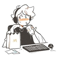 a woman sitting at a computer with headphones on, drinking from a cup and holding a shopping bag