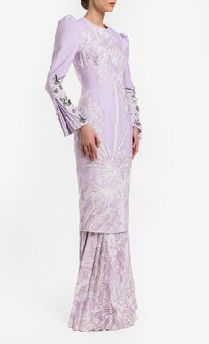 Kurung Perhentian Set in Pastel Lilac Pink | FashionValet Lilac Baju Raya, Dress Melayu, Malay Fashion, Peplum Outfits, Chic Bridal Dress, Manset Lengan, Kurung Modern