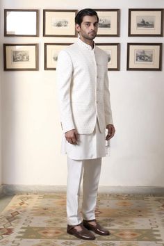 Ivory bandhgala with all over quatrefoil hand embroidery. Paired with an inner kurta and straight trouser. - Aza Fashions Classic White Sherwani For Festive Occasions, Elegant White Nehru Jacket For Transitional Season, Classic White Bandhgala For Festive Occasions, White Classic Sherwani For Formal Occasions, Classic White Traditional Wear For Festive Season, White Classic Kurta For Formal Occasions, Classic White Formal Kurta, Formal Fitted White Traditional Wear, White Formal Sets For Transitional Season