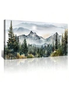 a painting of mountains and trees with water in the foreground on a white background