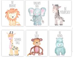 four watercolor prints with different animals on them