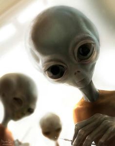 an alien is standing in front of two other aliens with their heads turned to look like they are looking at the camera