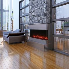 a modern living room with wood floors and stone fireplace