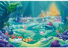 the little mermaid is swimming in the ocean with many fish and bubbles on it's surface