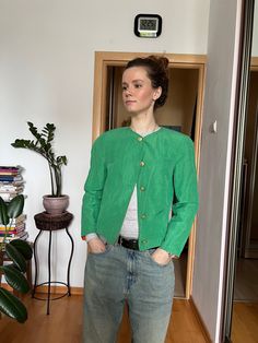 Very good vintage condition, there is a minor stain on the sleeve back. Green Fitted Casual Blazer, Cropped Green Outerwear For Work, Green Cropped Outerwear For Work, Retro Green Outerwear For Spring, Retro Green Spring Outerwear, Green Cropped Fitted Outerwear, Green Long Sleeve Cropped Jacket For Fall, Vintage Green Spring Outerwear, Green Cropped Jacket For Spring