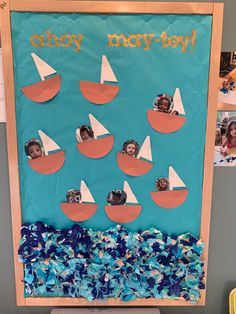 a bulletin board with pictures of people in boats and the words, may you sail?