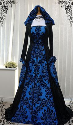 Blue and Black Gothic Whitby Medieval Wedding Dress Hooded Renaissance Wiccan | eBay 19th Century Dress, Medieval Wedding Dress, European Costumes, Gothic Medieval, Medieval Wedding, Long Gown Dress, Hooded Dress