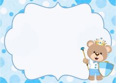 a teddy bear with a crown and holding a wand in its hand on a blue polka dot background