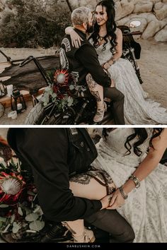 a man and woman sitting on a motorcycle with flowers in their lap, while another person holds the bride's hand