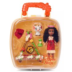 a doll in a plastic case with food and accessories on the front, including an orange handle