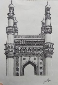 a drawing of a large building with two towers and an arch in the middle is shown