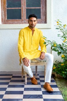 Yellow kurta in an art silk embroidered base fabric. This kurta is paired with matching pants.
 

Size Chart For Men





	
	
					Men's Size Chart
		

		
		
						
				Size Chart For Men
				Custom Size Measurement Guide
			
			
				
				
				Custom Size Measurement Guide
1. Take your measurements at ease…don’t hold your breath!
2. Be a little generous with the measurements. It’s always easier to take the garment in than to take it out.
3. We do rely on our clients to provide the correct measur Traditional Fit Straight Kurta For Navratri, Traditional Straight Kurta For Navratri, Navratri Traditional Fit Straight Kurta, Traditional Fit Chikankari Kurta For Puja, Traditional Fit Straight Kurta With Chikankari Embroidery, Long Sleeve Kurta With Gota Work For Puja, Traditional Long Sleeve Kurta For Puja, Eid Kurta With Gota Work For Puja, Eid Gota Work Kurta For Puja