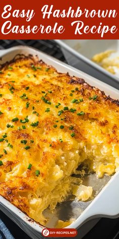 an easy hashbrown casserole recipe in a baking dish