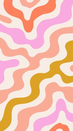 an abstract pattern with wavy lines in pink, yellow and orange colors on a white background