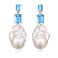 14K Solid Gold 4 Pieces 7 x 9 & 5 x 7 mm Topaz｜Swiss Blue｜Emerald-Cut｜Eye Clean Topaz CTW: 9.00 Diamond Grade: G Color｜VS Clarity Diamond CTW: 0.03 Detachable Cultured Baroque Pearls Approx. 15 x 25 mm Measurements: 1 3/4 " length｜3/4 " width Convertible Features: You can wear the natural gemstones alone or with detachable pearls for a more stunning look. Our unique design allows you to MIX and MATCH with other gemstones or pearls from our convertible collections, perfect for any occasion or sty Blue High Luster Earrings For Formal Occasions, Formal Blue High Luster Earrings, Elegant Blue Topaz Briolette Earrings, Convertible Earrings, Blue Emerald, Earrings Ear, Ear Stud, Pearl Size, Topaz Ring