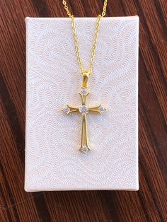 925 Sterling Silver Cz Cross Pendant Necklace  - Metal: 925 Sterling Silver (Finish: Gold Plated) - Stone: Clear Cubic Zirconia, Round, Prong - Shape: Cross - Pendant Dimension:  Total Height Includes Pendant Bail: 31mm(1.22 in); Cross: 24mm(0.94 in) x 16mm(0.63 in) x 5mm/2.5mm/1.2mm, Thickness 2.3mm Cz: Center Cz Diameter 3.3mm, End Cz Diameter 2.2mm. - Light Cable Chain: 17.75" adjustable (15.75" + 1" + 1"), Lobster Clasp - Color: Gold Cross Pendant Necklace Woman Gold, Gift Cross Pendant Necklace With Prong Setting, Cross Pendant Necklace Woman, Cross Necklace Gold, Pendant Bail, Pendant Bails, Gold Cross Necklace, Gold Cross, Cross Pendant Necklace