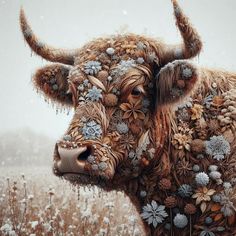 a painting of a cow with flowers on it's face and horns, standing in a field