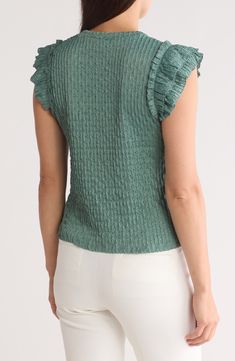 Layered ruffle sleeves bring contemporary appeal to a crewneck top constructed from a soft, stretchy pointelle knit. 23" length Crewneck Short sleeves 98% nylon, 2% spandex Hand wash, dry flat Imported Elegant Textured Tops For Fall, Chic Knit Tops With Ruffles, Knit Ruffle Top With Crew Neck, Fitted Textured Knit Blouse For Spring, Knit Top With Ruffles And Crew Neck, Chic Fitted Textured Knit Blouse, Chic Ribbed Blouse For Spring, Chic Spring Ribbed Blouse, Casual Knit Top With Ruffle Sleeves