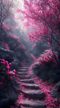 a set of steps leading up to a pink tree filled forest with lots of flowers