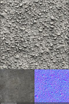 two different views of rocks and gravel, one with blue highlights on it's surface