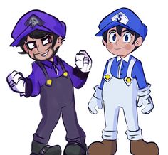 two cartoon characters one in overalls and the other in overalls, standing next to each