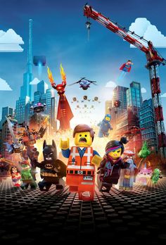 the lego movie poster with characters in front of a cityscape and sky background