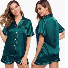 Materials: This Women's Pajama Set Is Made Of Lightweight Silk Satin(95% Polyester, 5% Spandex), Soft, Breathable And Skin-Friendly, Help You Have A Sound Sleep. Features: The Relaxed Fit Two-Piece Comfortable Sleepwear Pajama Set Features Silky Shorts With Elastic Waistband And Matches A Silky-Smooth Short-Sleeve V-Neck Top With A Chest Pocket, Notch Collar And The Button-Front Top Hits At Hips. The Sleepwear Set Are Soft And Elegant, To Giving You A Lazy Sleep. Occasion: Women's Short Sleeve S Bridal Sleepwear, Pajamas Short, Satin Pjs, Silk Pajamas Women, Silk Pajama Set, Top Hits, Satin Pyjama Set, Womens Pyjama Sets, Sleepwear Sets