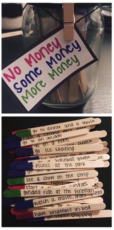 there are many matchesticks that have been placed in a jar with some writing on them