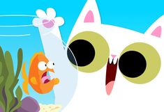 a cartoon cat with its mouth open next to a fish