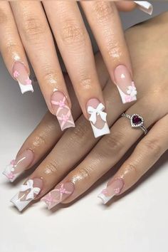 White Nail Ideas, Cute Christmas Trees, Bow Nail Designs, Bow Nails, Bow Nail, Colourful Nails, Girly Acrylic, Romantic Nails, Cute Simple Nails