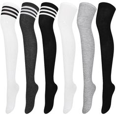 Specifications: Package includes: 6 pairs of socks, which are in 2 types; 3 pairs in pure colors, gray, black and white, the other 3 pairs with three bars, including the black socks with white bars, the white socks with black bars and the gray socks with white bars, fashion and classical, elegant and practical Size: The length from the sock top to the heel is about 46 cm, the toe to the heel about 18 cm; being elastic and stretchy enough, the maximum circumference of the socks can be stretched t High Thigh Socks, Thigh Socks, Over Knee Socks, Striped Tights, Leg Warmer, Stockings Legs, Over The Knee Socks, Thigh High Socks, Thigh High Stockings