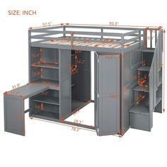 an image of a loft bed with drawers and storage compartments on the bottom level, measurements