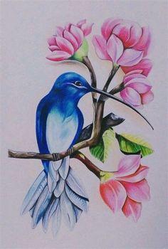 a drawing of a blue bird sitting on a branch with pink flowers